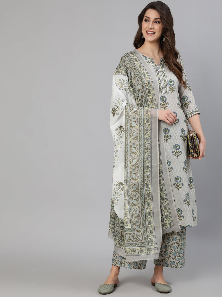 Women's Grey Printed Kurta With Plazo & Dupatta
