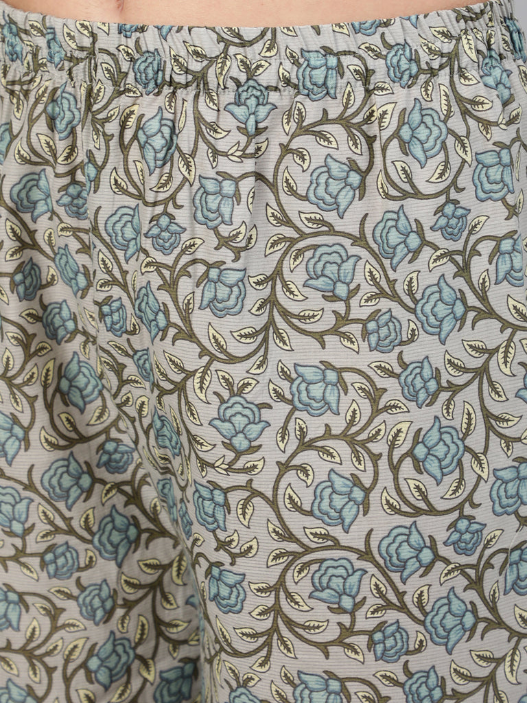 Women's Grey Printed Kurta With Plazo & Dupatta