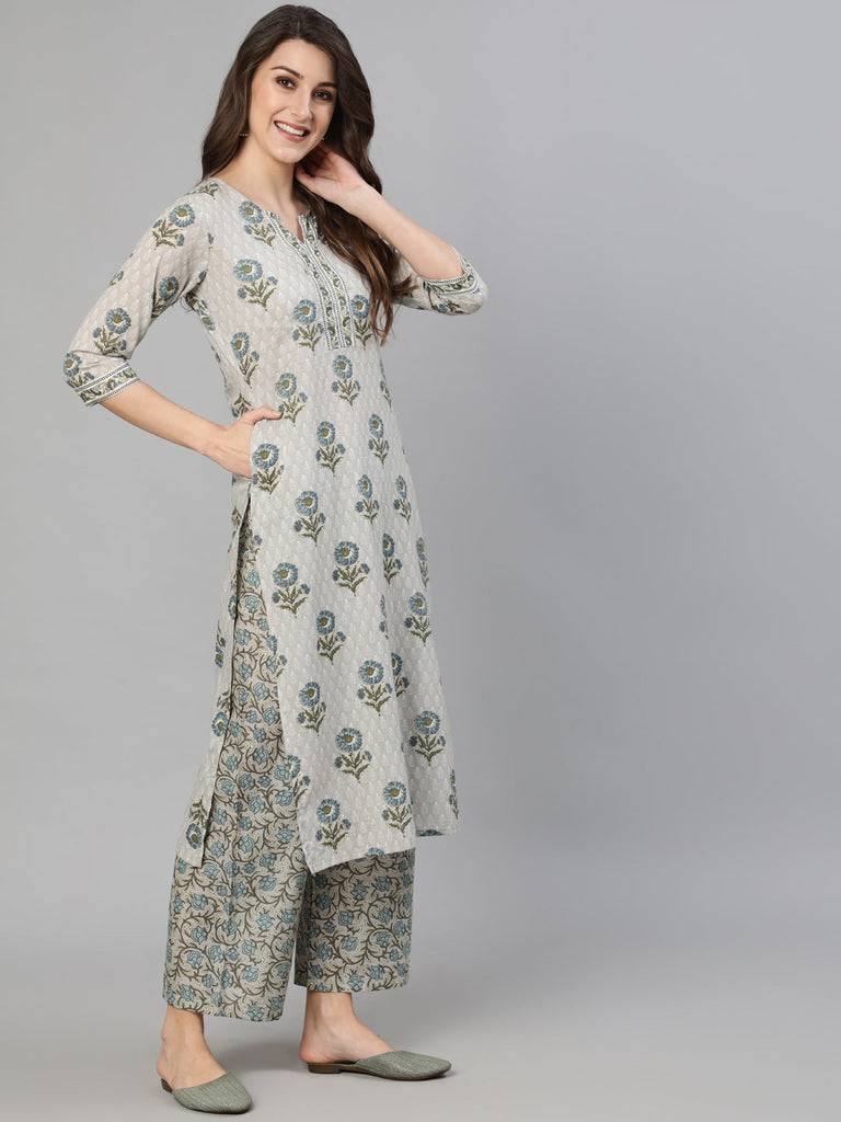 Women's Grey Printed Kurta With Plazo & Dupatta