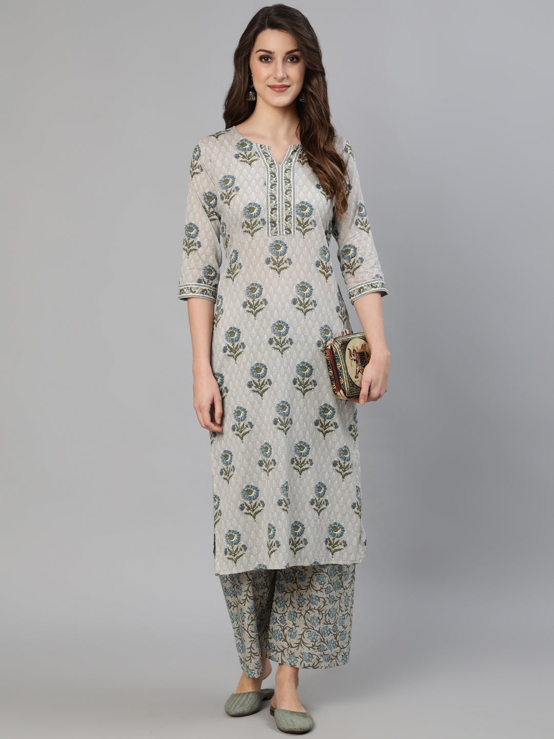 Women's Grey Floral Printed  Straight Kurta With One Side Pocket - Nayo Clothing