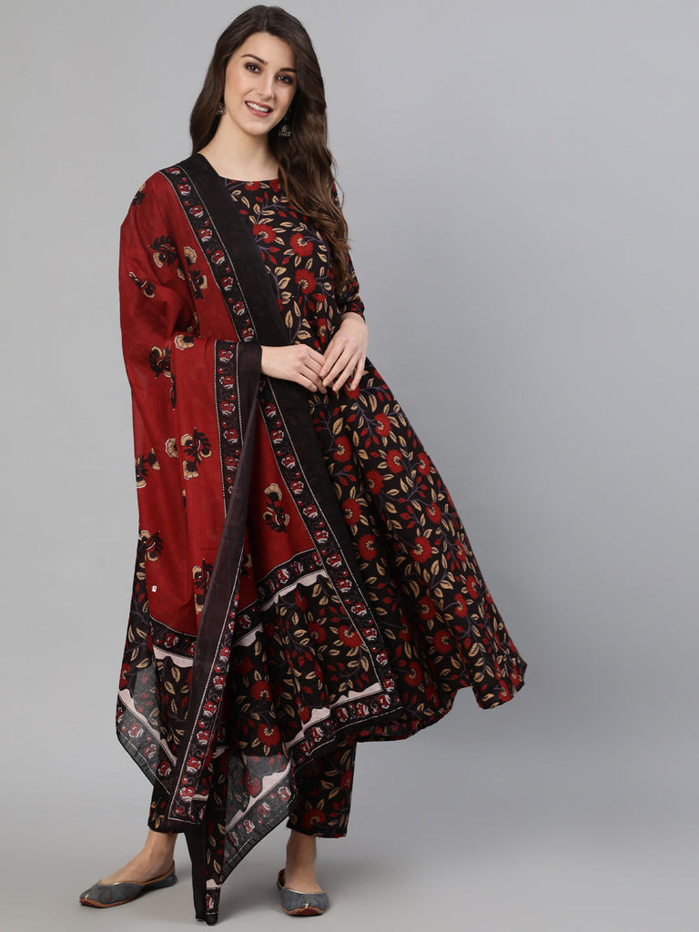 Women's Black And Maroon Floral Printed Kurta With Trouser & Dupatta