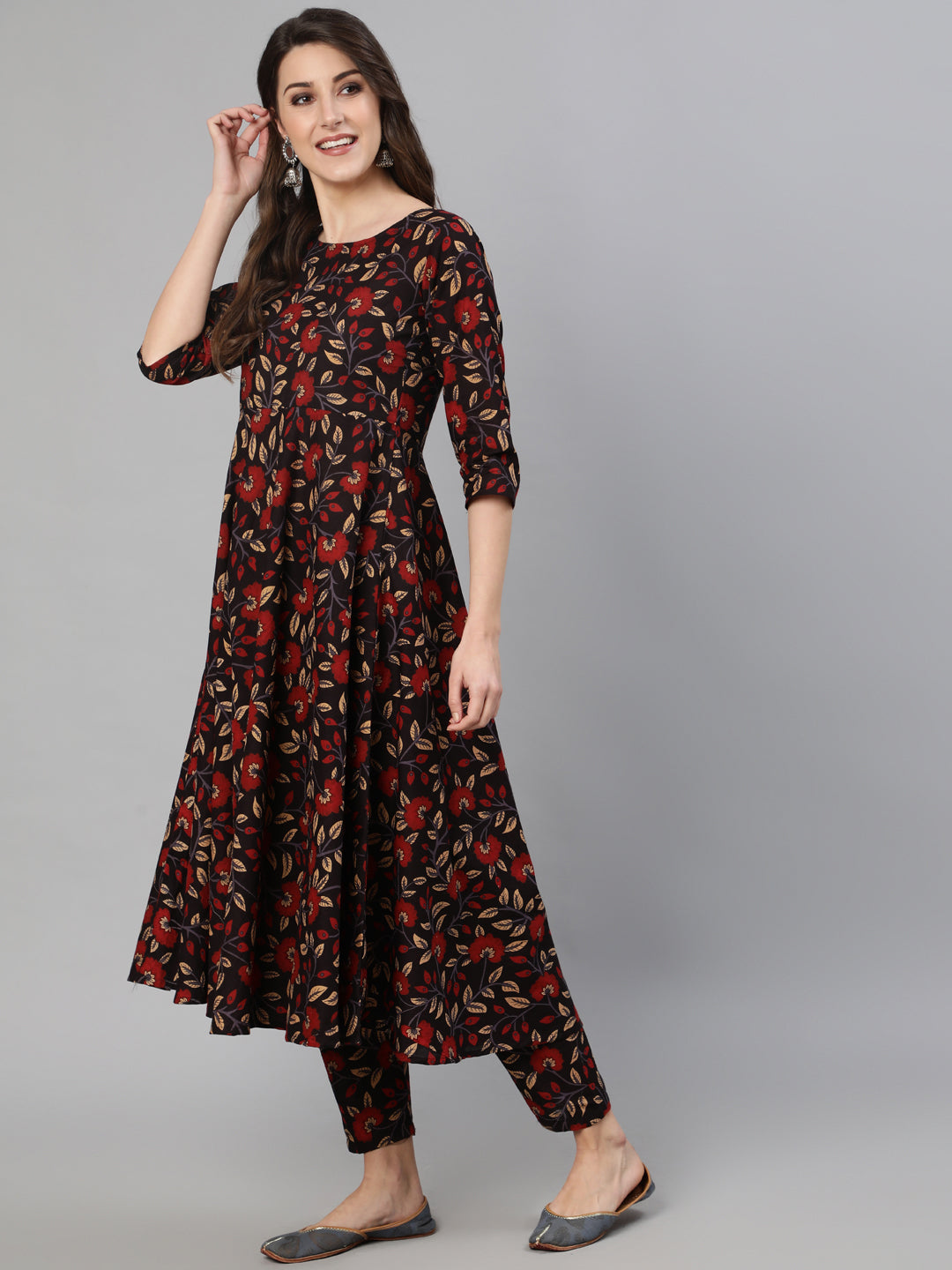 Women's Black And Maroon Floral Printed Kurta With Trouser & Dupatta - Nayo Clothing
