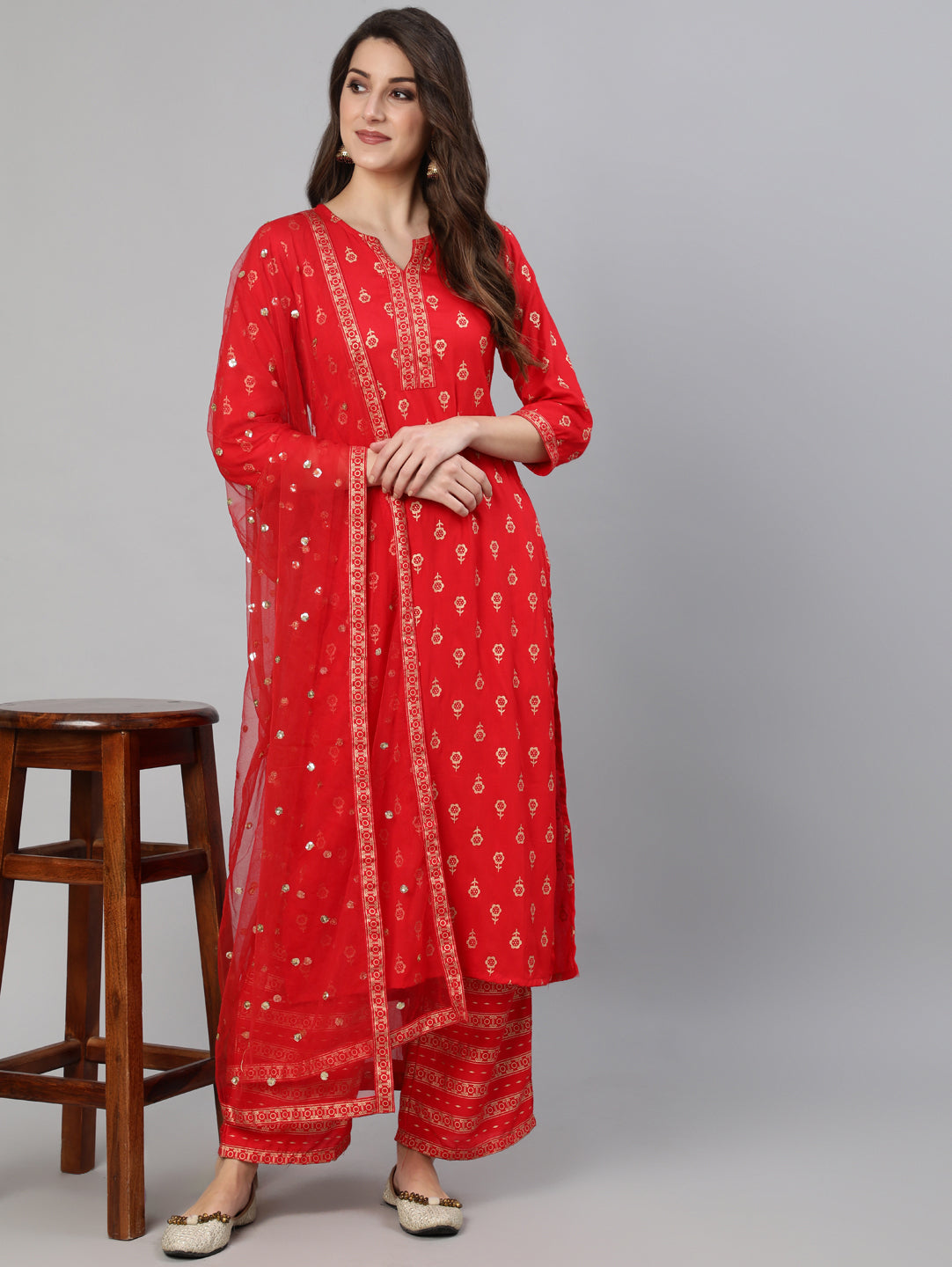 Women's Red Gold Ethnic Printed Kurta With Palazzo And Sequence Dupatta - Nayo Clothing