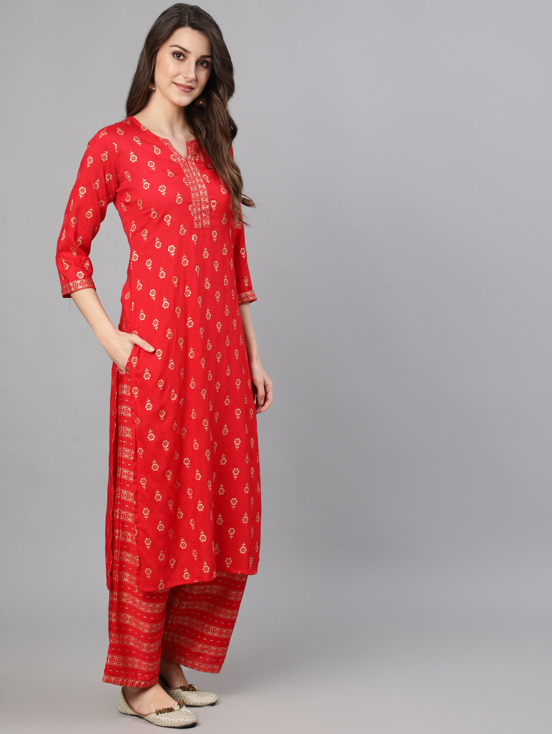Women's Red Gold Ethnic Printed Kurta With Palazzo And Sequence Dupatta - Nayo Clothing