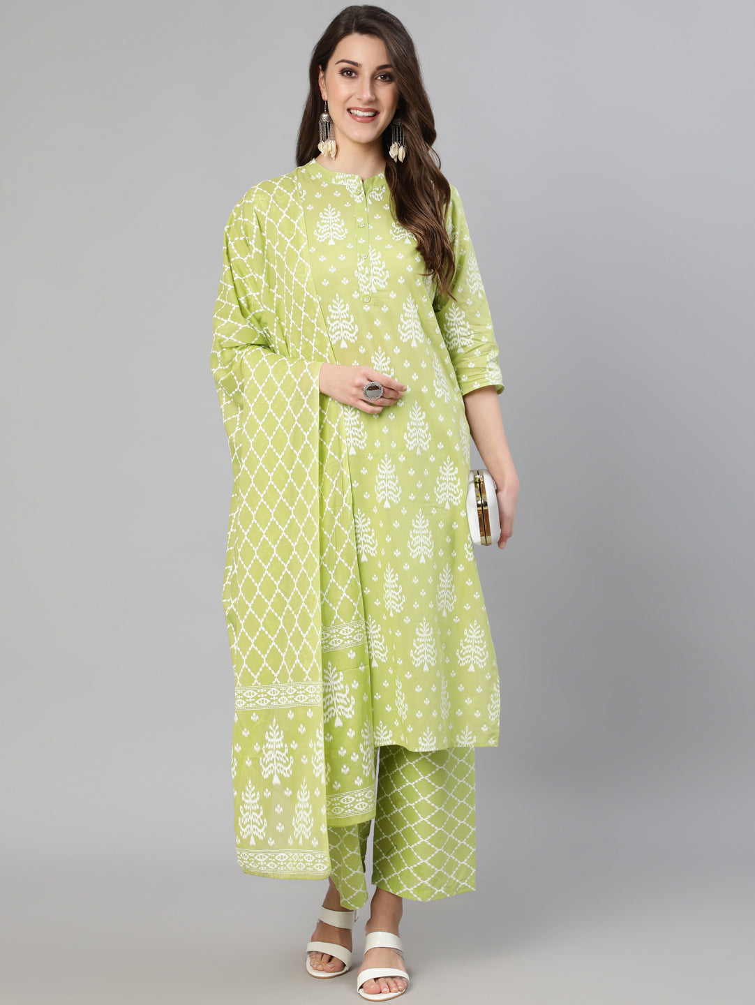 Women's Green Ethnic Printed Straight Kurta With Palazzo And Dupatta - Nayo Clothing