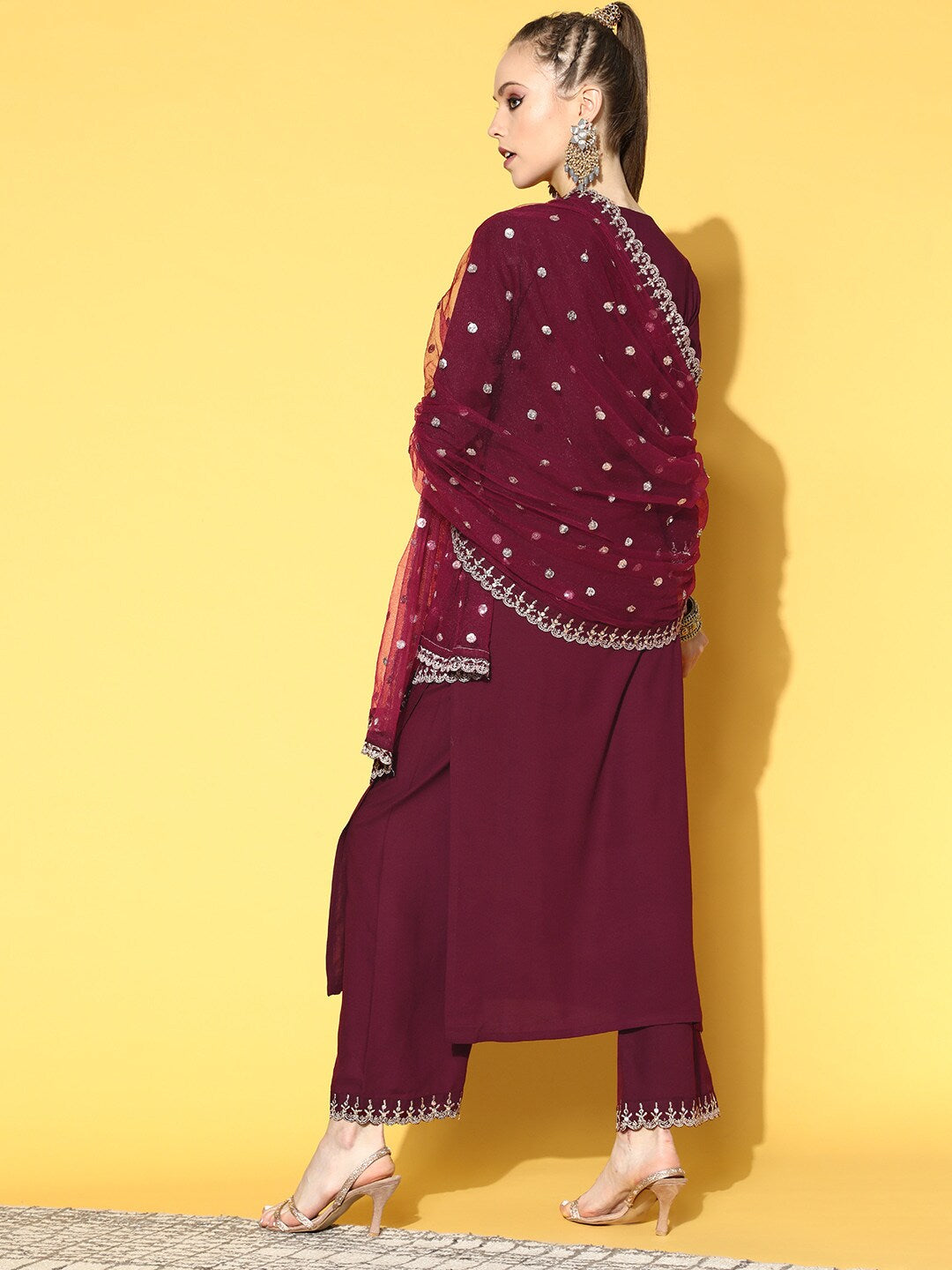 Women's Burgundy Embroidered Straight Kurta With Plazo & Dupatta - Nayo Clothing