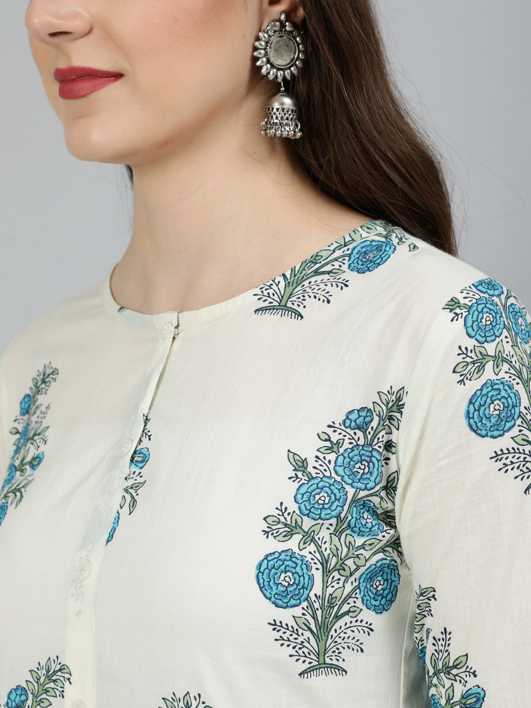 Women's White Ethnic Floral Printed Flared Kurta With Palazzo And Dupatta - Nayo Clothing