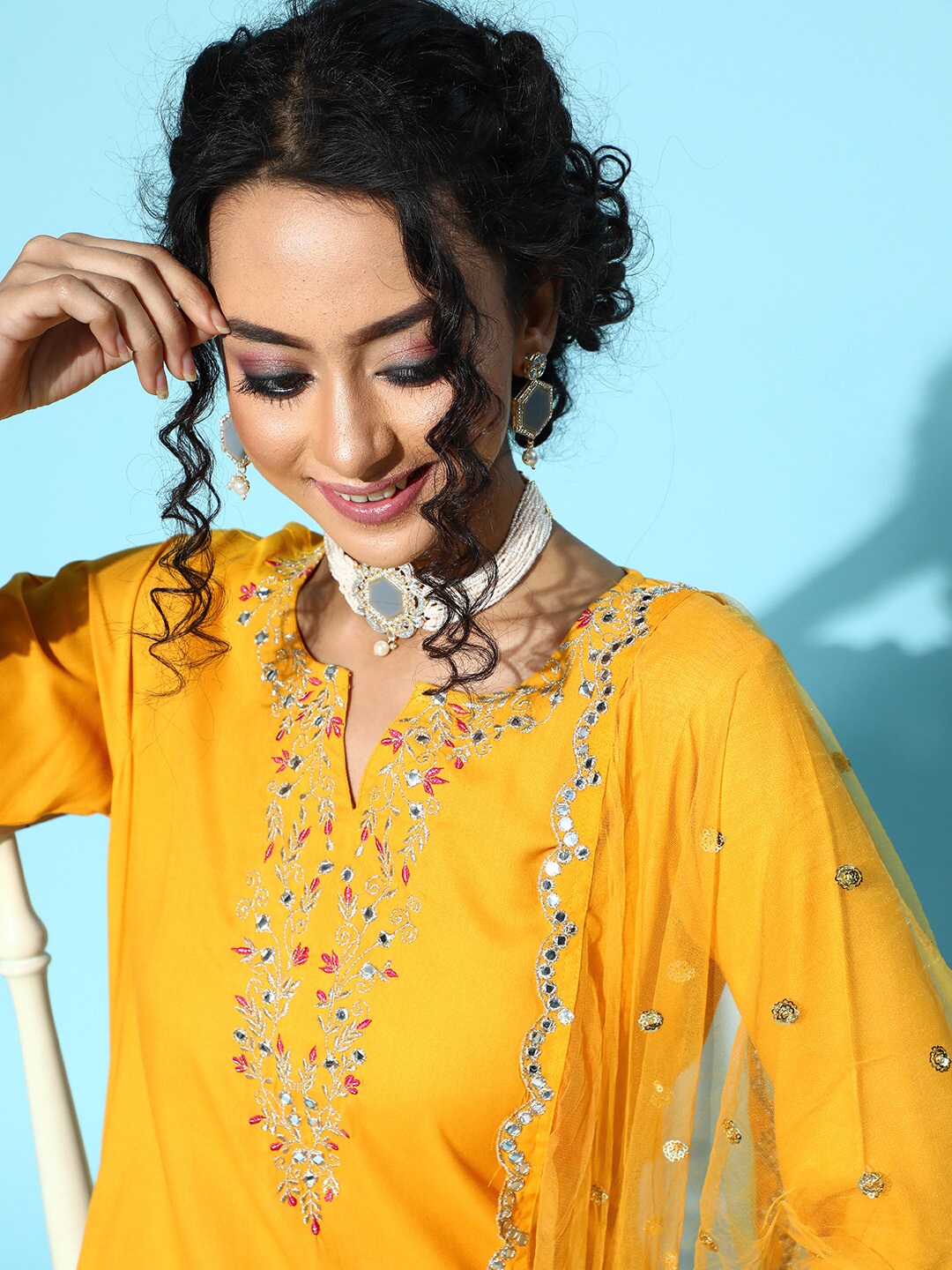 Women's Yellow Embroidered Straight Kurta With Plazo & Dupatta - Nayo Clothing