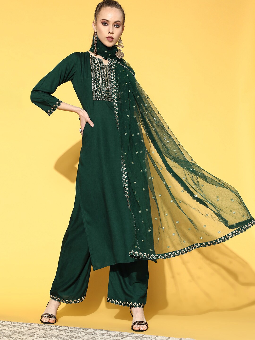 Women's Green Embroidered Straight Kurta With Plazo & Dupatta - Nayo Clothing