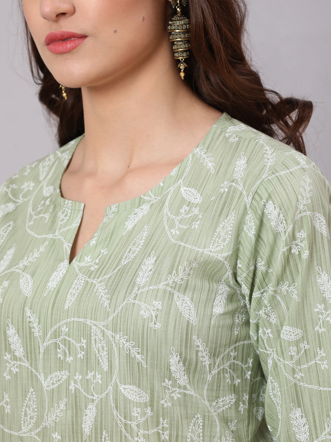 Women's Green Printed Straight Kurta and White Solid Palazzo With Lace Detail - Nayo Clothing