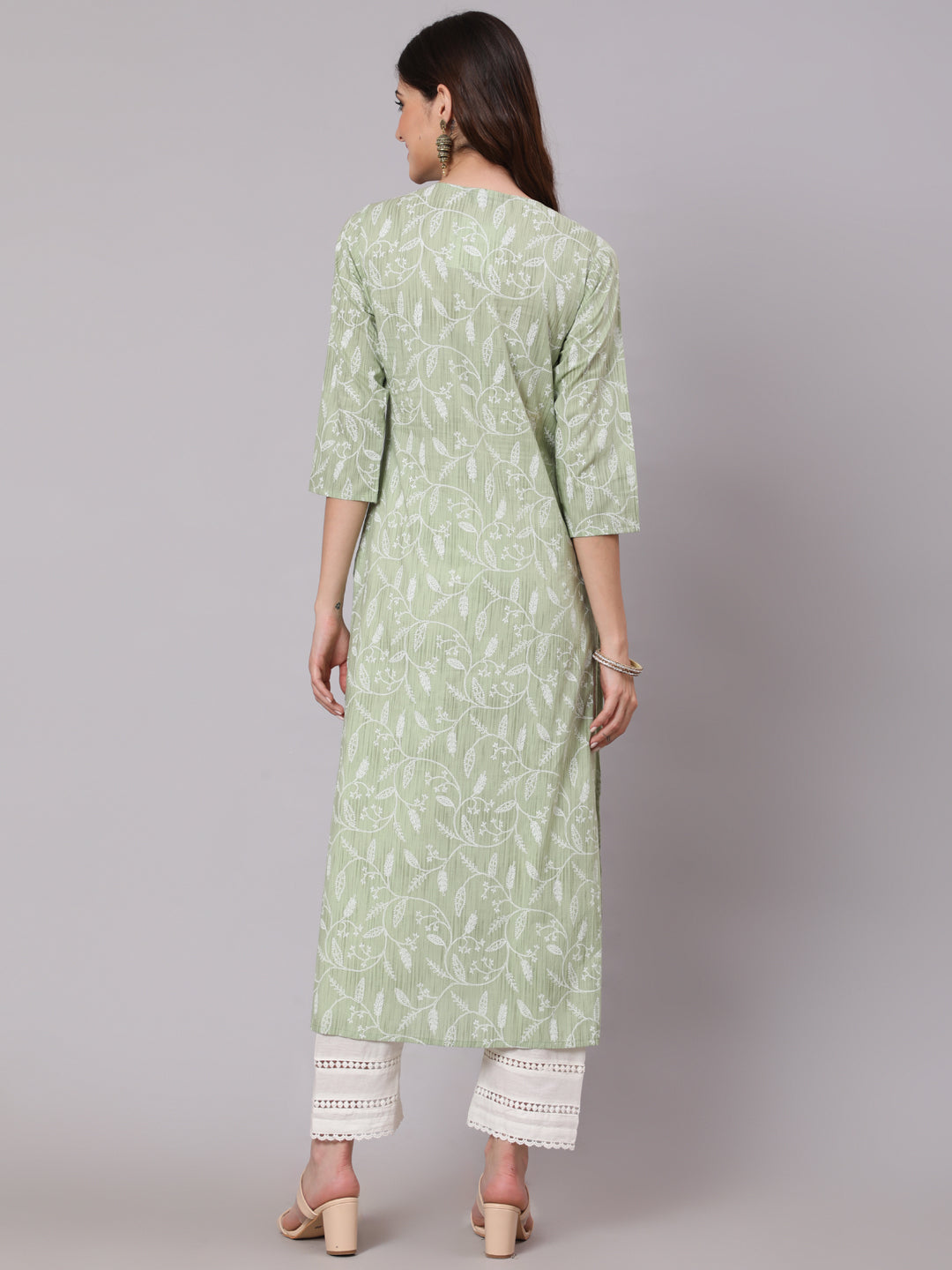 Women's Green Printed Straight Kurta and White Solid Palazzo With Lace Detail - Nayo Clothing