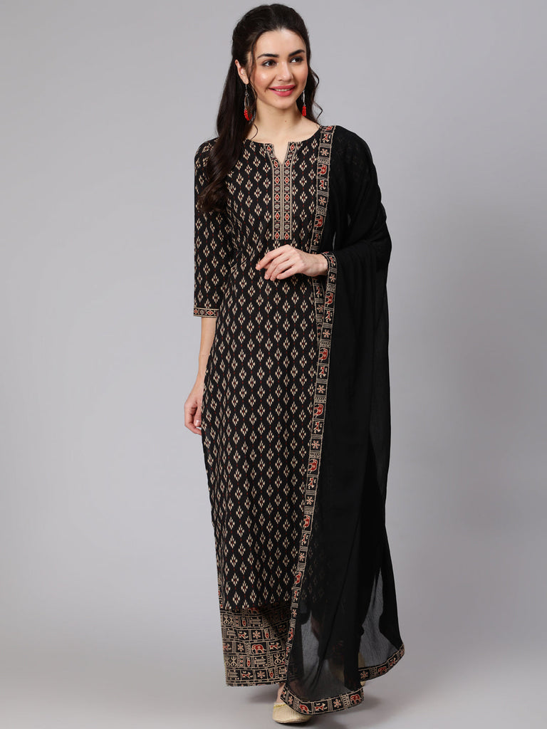 Women's Black Ethnic Printed Straight Kurta With Palazzo And Chiffon Dupatta