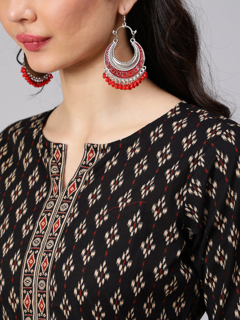 Women's Black Ethnic Printed Straight Kurta With Palazzo And Chiffon Dupatta