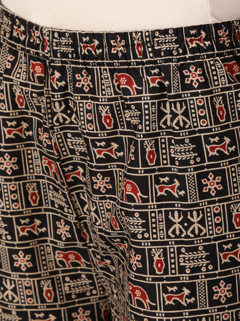 Women's Black Ethnic Printed Straight Kurta With Palazzo And Chiffon Dupatta