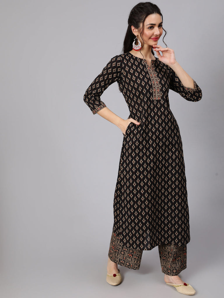 Women's Black Ethnic Printed Straight Kurta With Palazzo And Chiffon Dupatta