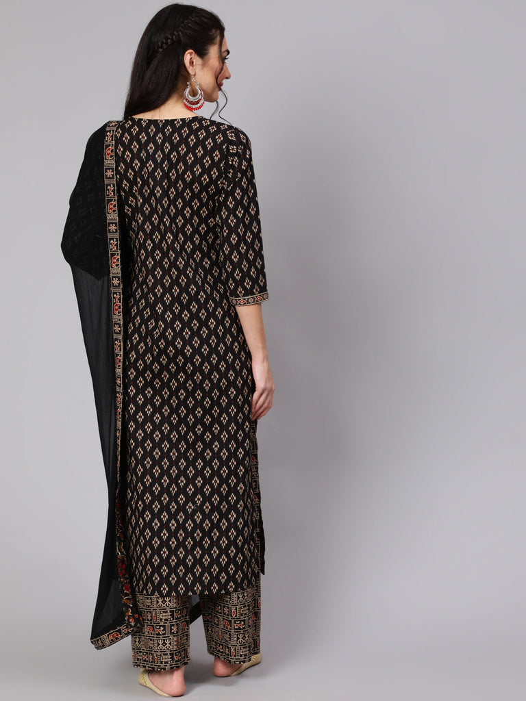 Women's Black Ethnic Printed Straight Kurta With Palazzo And Chiffon Dupatta