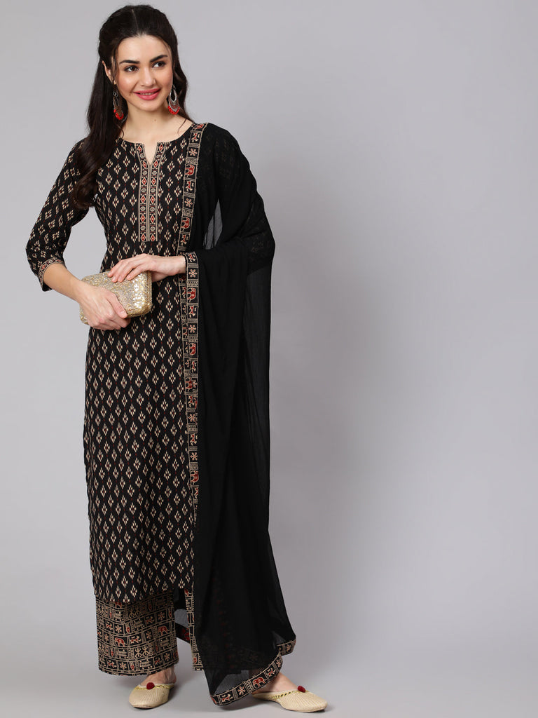 Women's Black Ethnic Printed Straight Kurta With Palazzo And Chiffon Dupatta