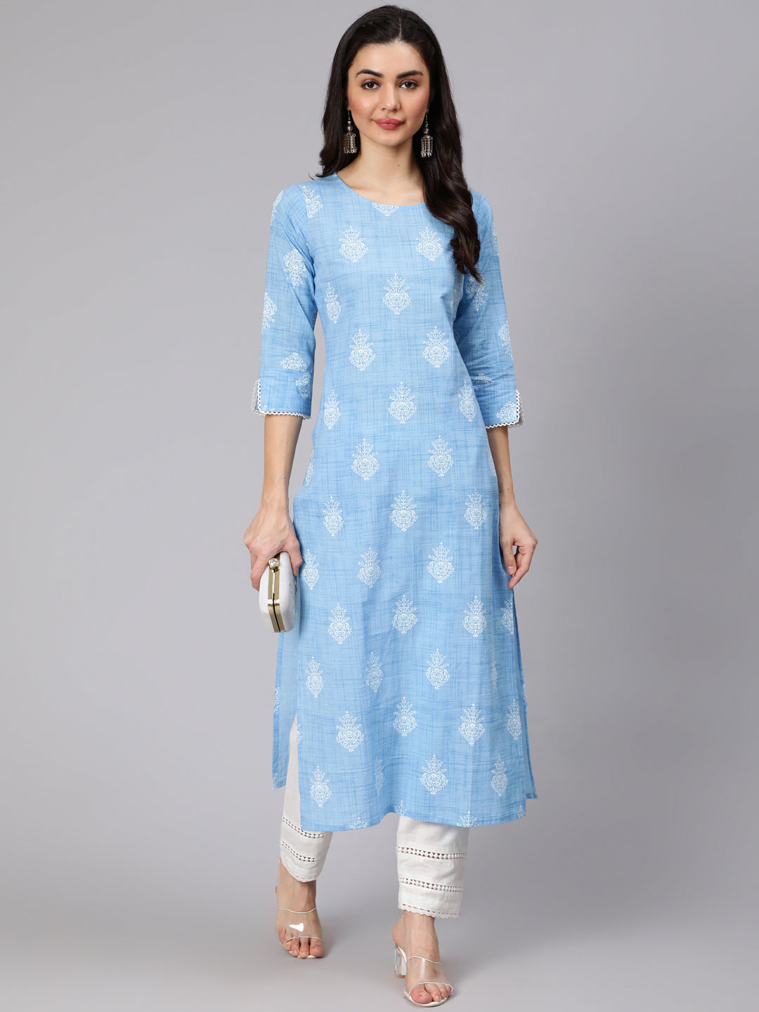 Women's Light Blue Printed Straight Kurta With Trouser And Lace Details - Nayo Clothing