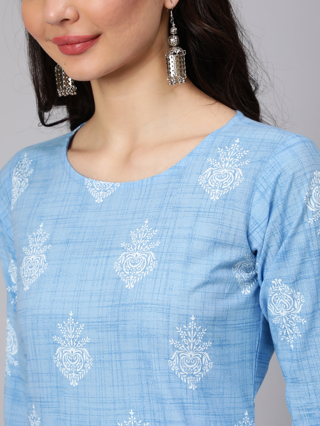 Women's Light Blue Printed Straight Kurta With Trouser And Lace Details - Nayo Clothing