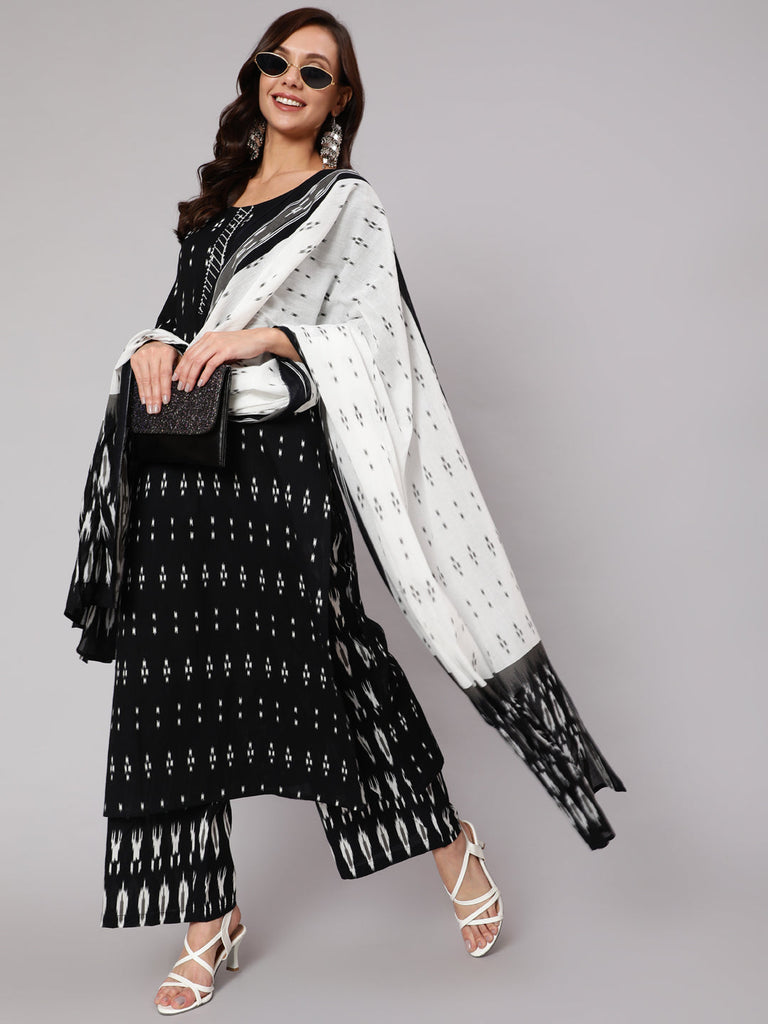 Women's Black Ethnic Printed Straight Kurta With Palazzo And Dupatta