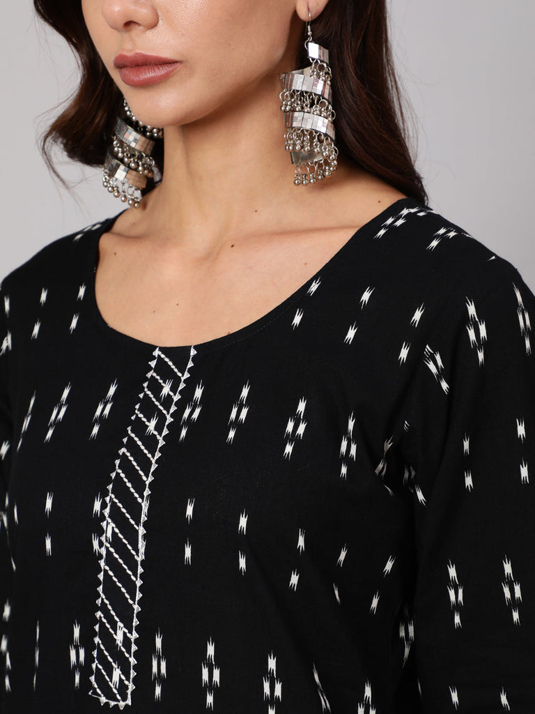 Women's Black Ethnic Printed Straight Kurta With Palazzo And Dupatta