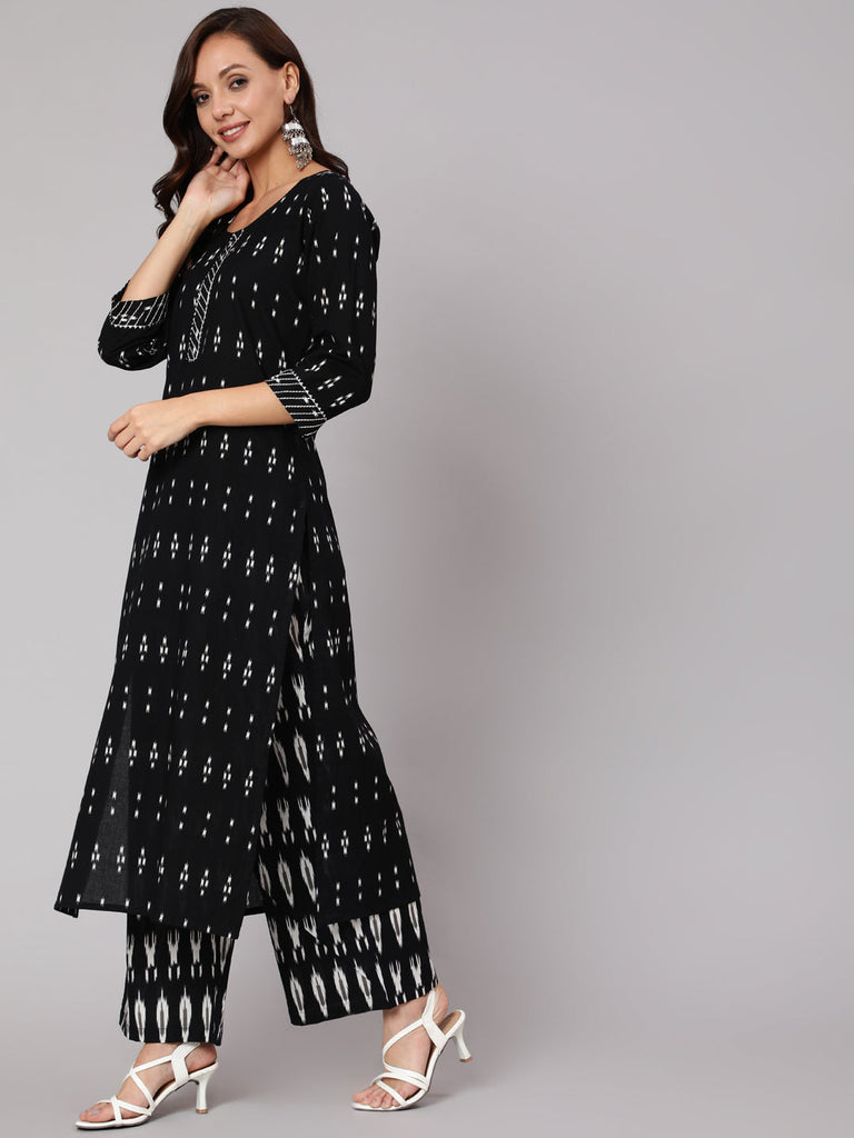 Women's Black Ethnic Printed Straight Kurta With Palazzo And Dupatta