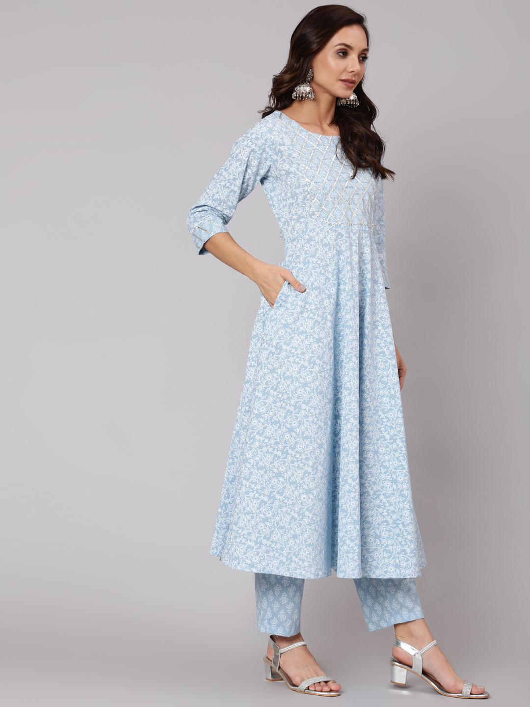 Women's Light Blue Floral Printedt Flared Kurta With Trouser And Dupatta - Nayo Clothing