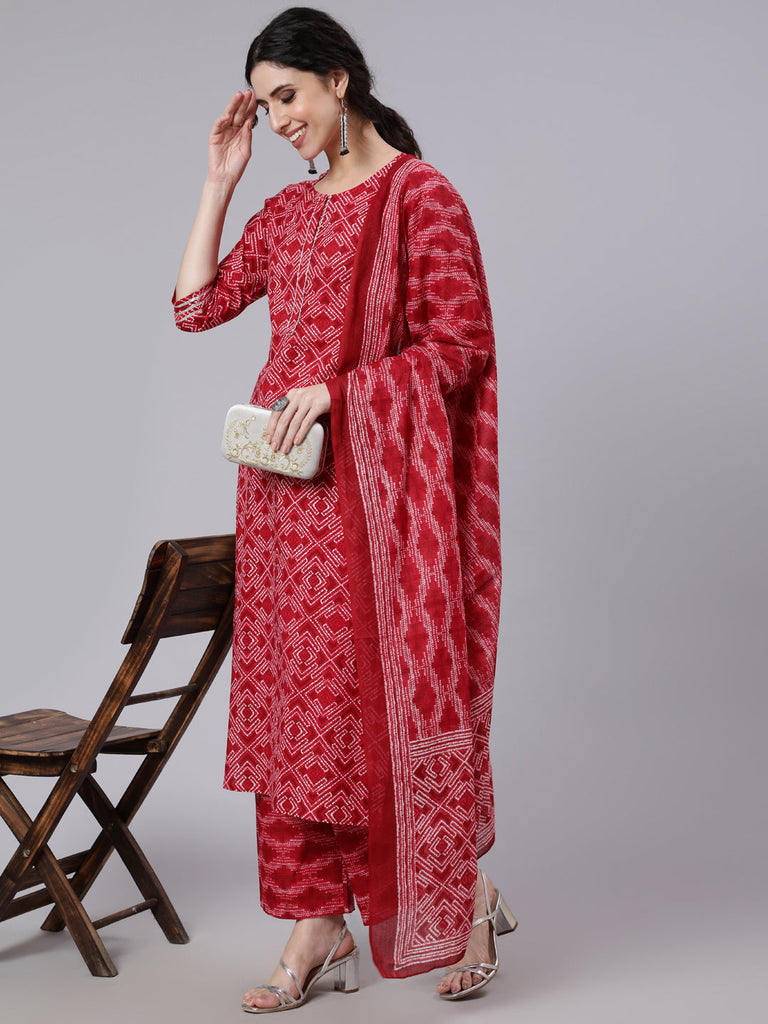 Women's Red Bandhani Printed Straight Kurta With Palzzo And Dupatta