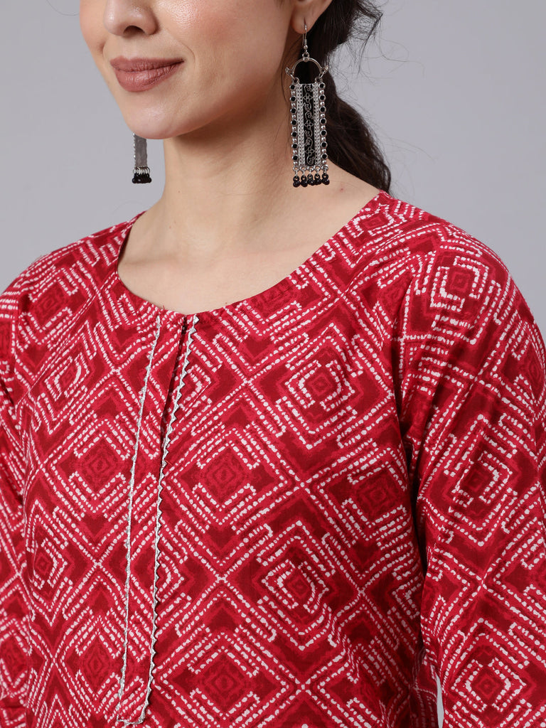 Women's Red Bandhani Printed Straight Kurta With Palzzo And Dupatta