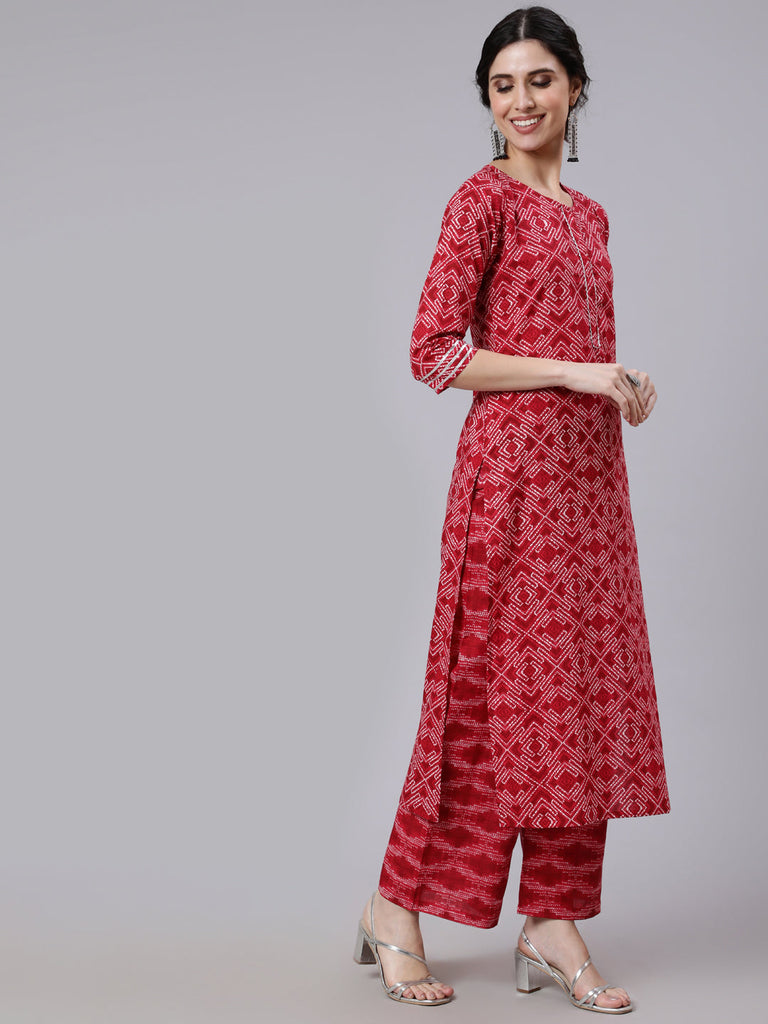 Women's Red Bandhani Printed Straight Kurta With Palzzo And Dupatta