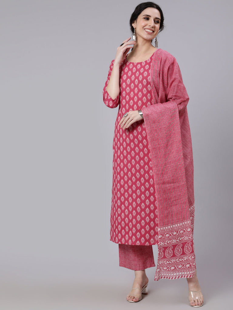 Women's Pink Ethnic Printed Straight kurta With Palazzo and dupatta