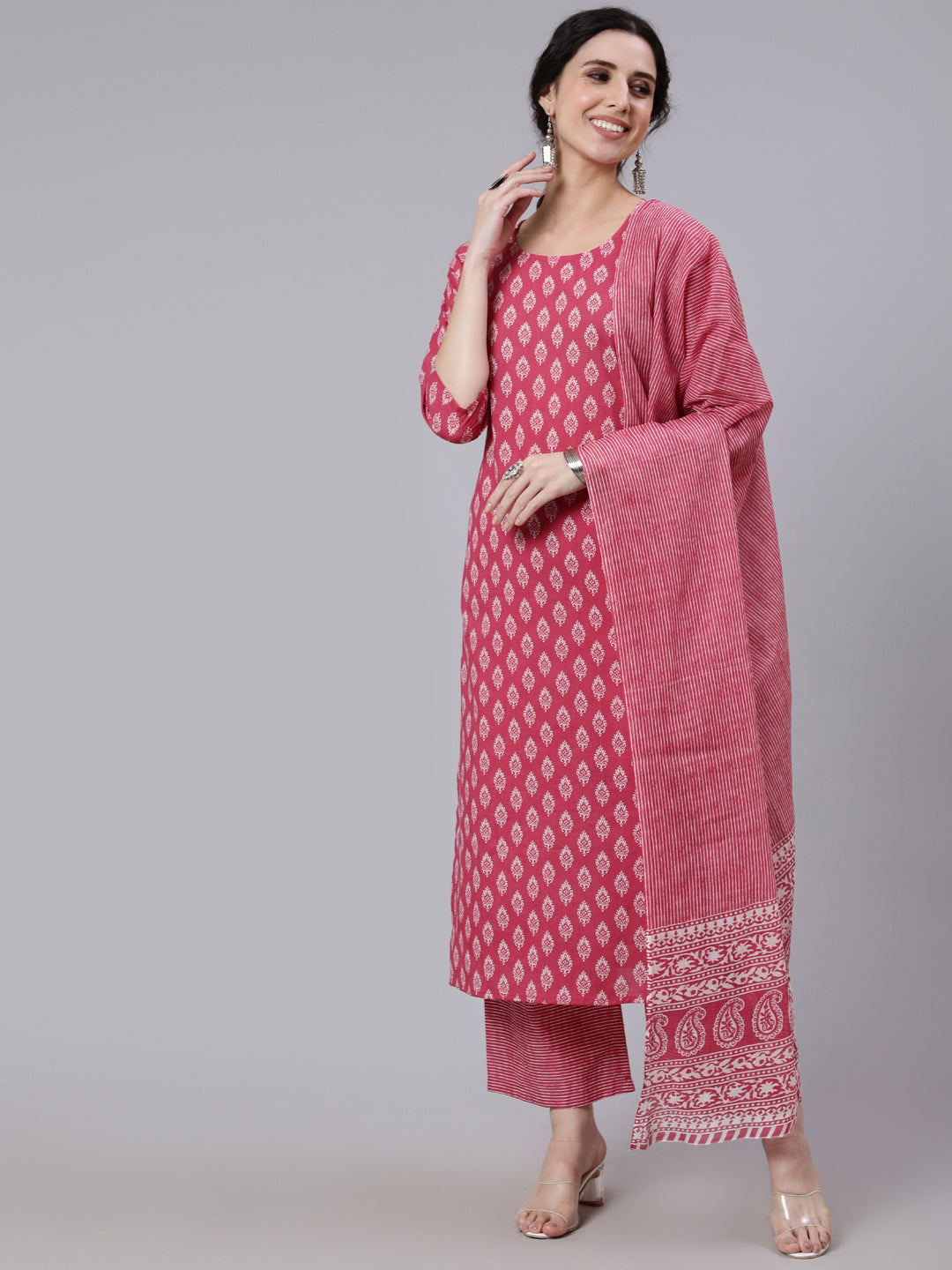 Women's Pink Ethnic Printed Straight kurta With Palazzo and dupatta