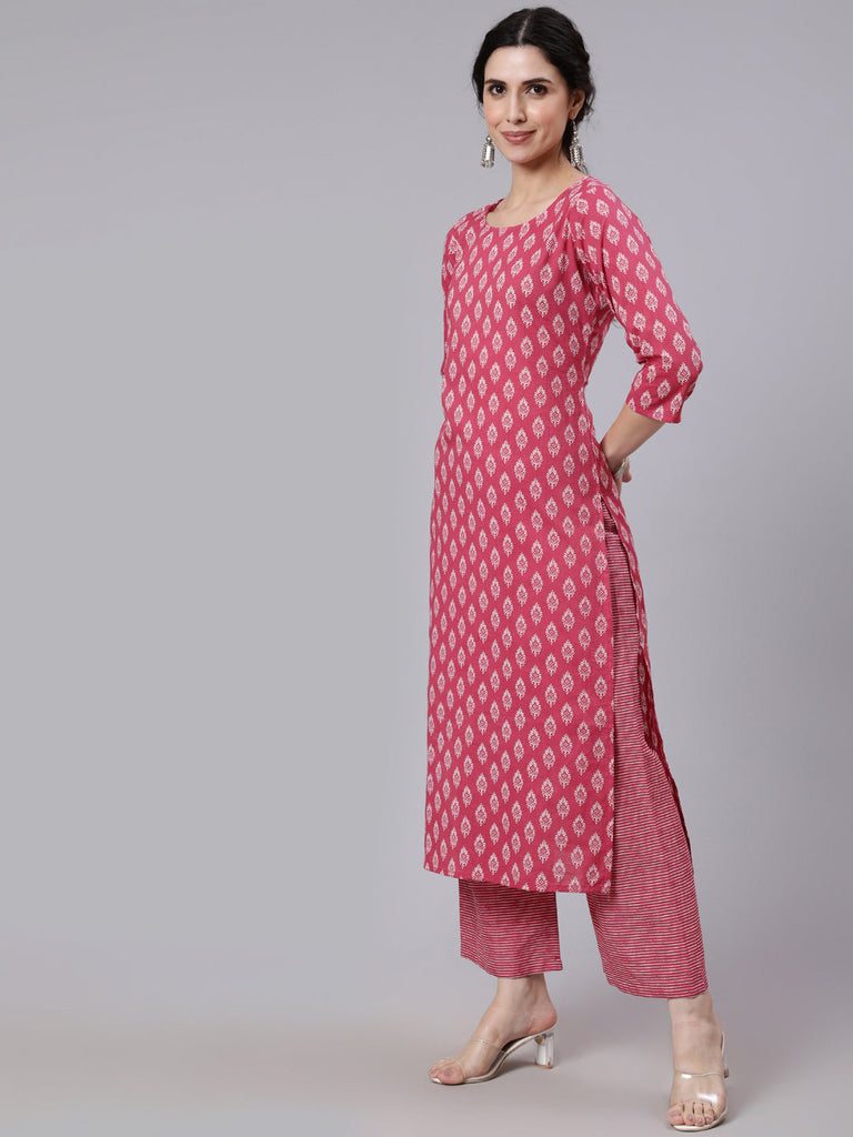 Women's Pink Ethnic Printed Straight kurta With Palazzo and dupatta