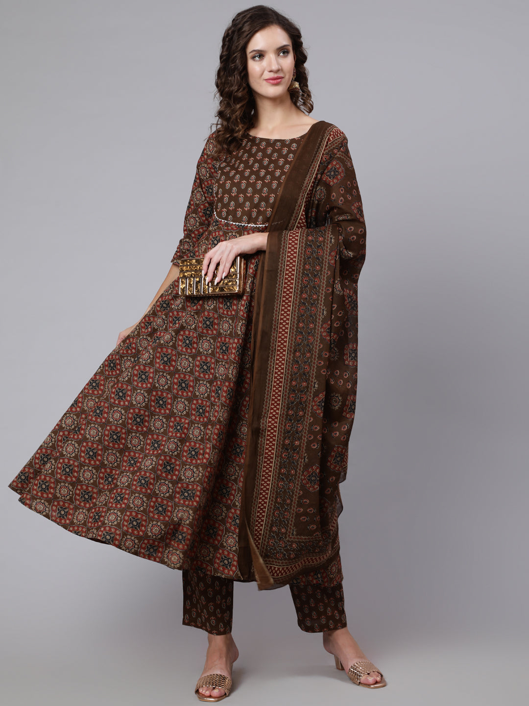 Women's Brown Ethnic Motifs Yoke Design Pure Cotton Kurta with Trousers & With Dupatta - Taantav