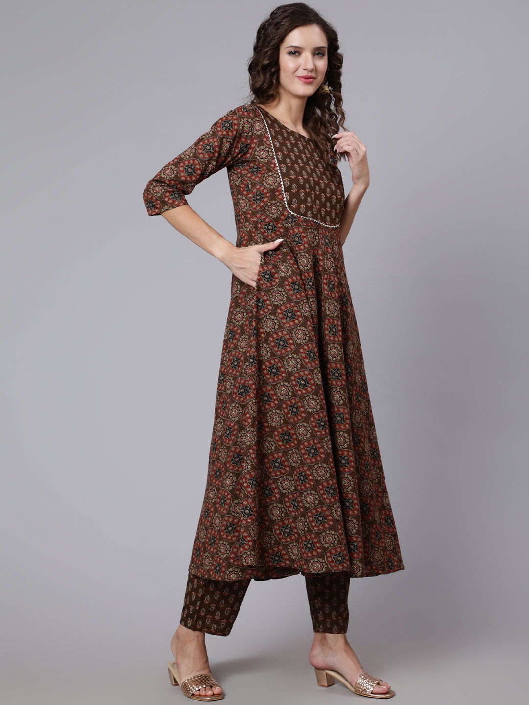 Women's Brown Ethnic Motifs Yoke Design Pure Cotton Kurta with Trousers & With Dupatta - Taantav