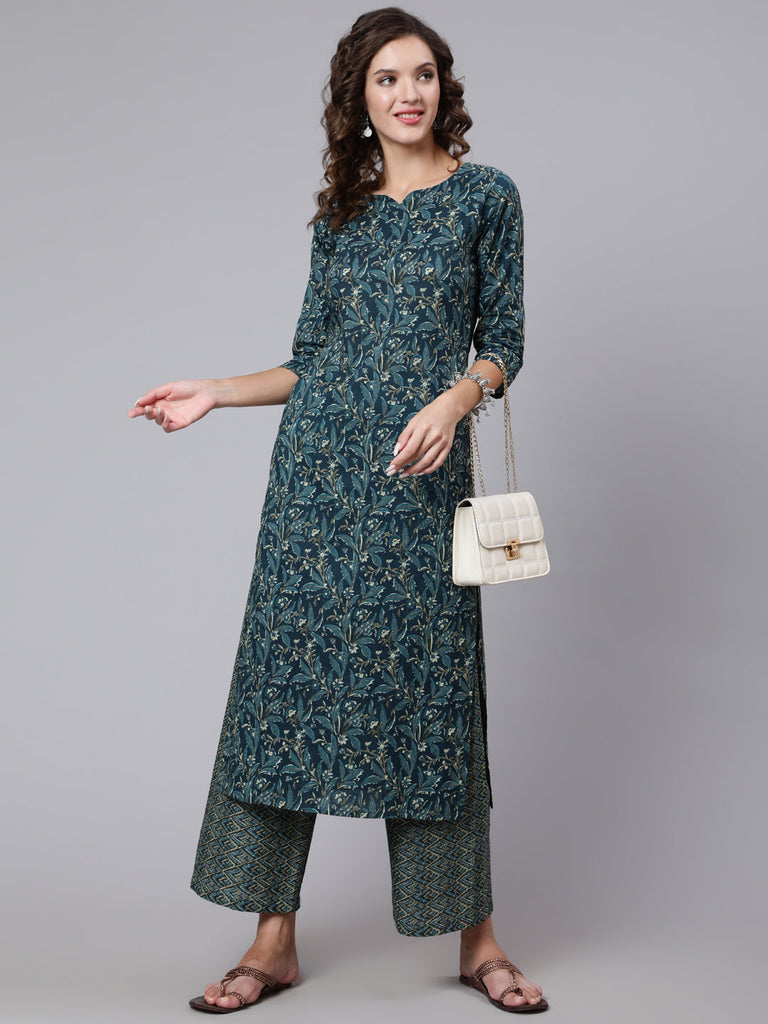 Women's Teal Blue Printed Ethnic Kurta With Palazzo