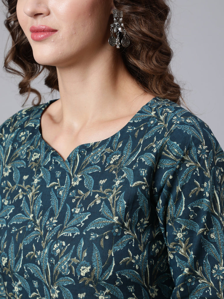 Women's Teal Blue Printed Ethnic Kurta With Palazzo