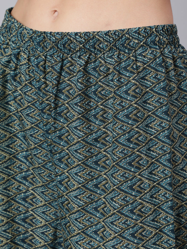 Women's Teal Blue Printed Ethnic Kurta With Palazzo