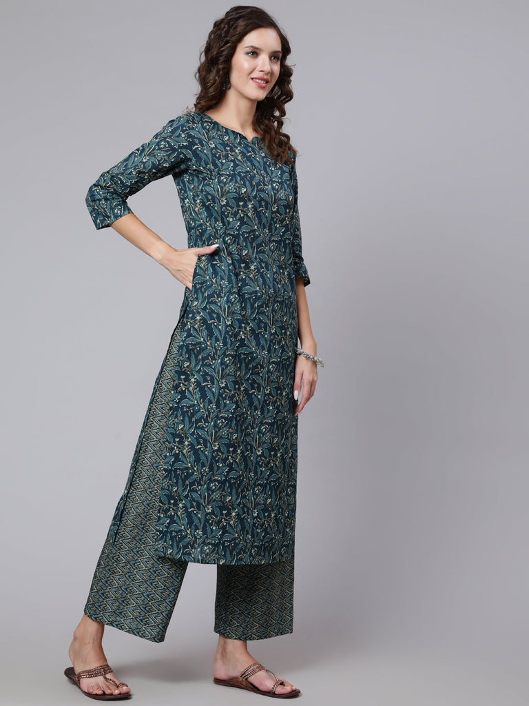 Women's Teal Blue Printed Ethnic Kurta With Palazzo