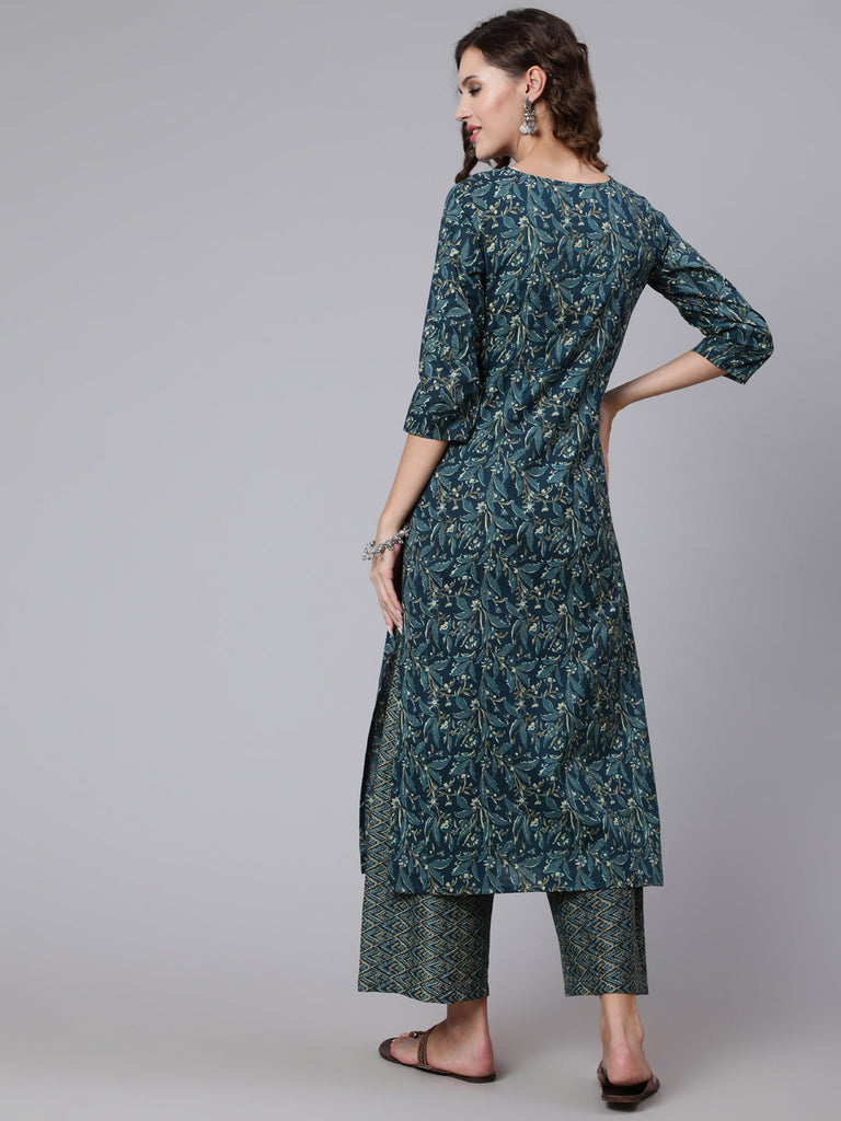 Women's Teal Blue Printed Ethnic Kurta With Palazzo