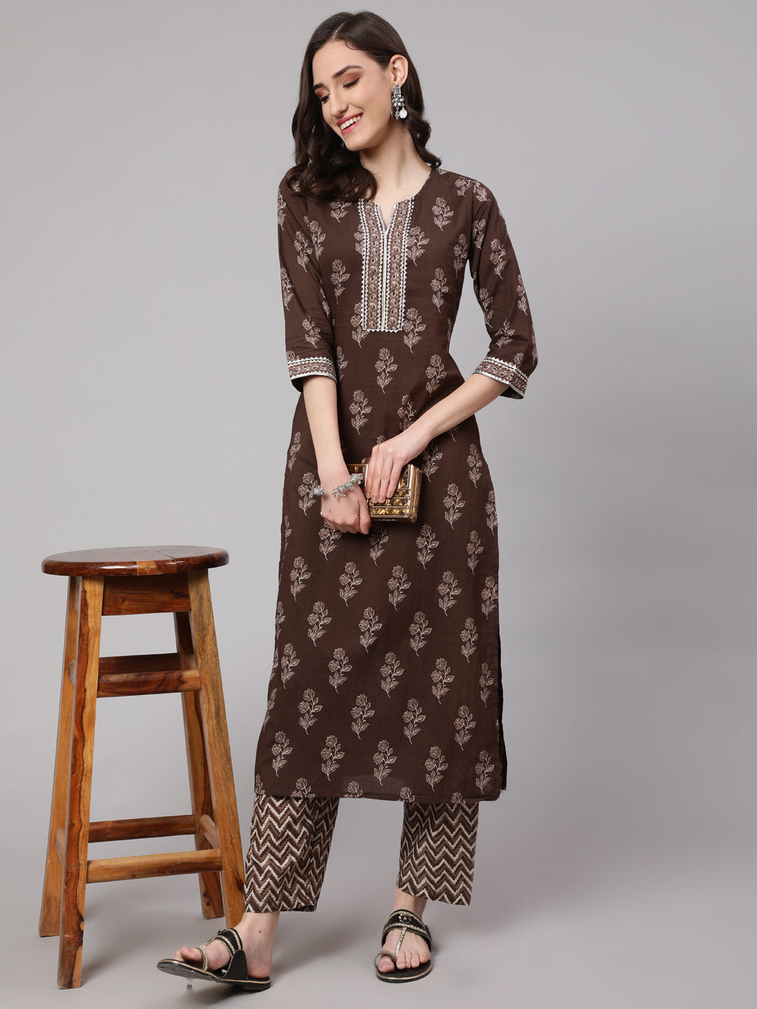 Women's Brown Floral Printed Straight Kurta With Palazzo - Nayo Clothing