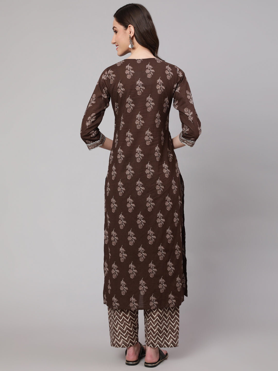 Women's Brown Floral Printed Straight Kurta With Palazzo - Nayo Clothing