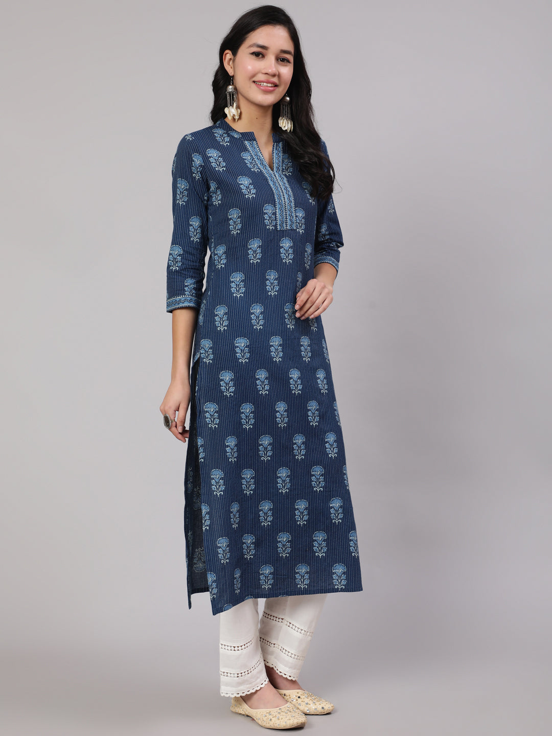 Women's Blue Printed Straight Kurta With White Solid Trouser - Nayo Clothing