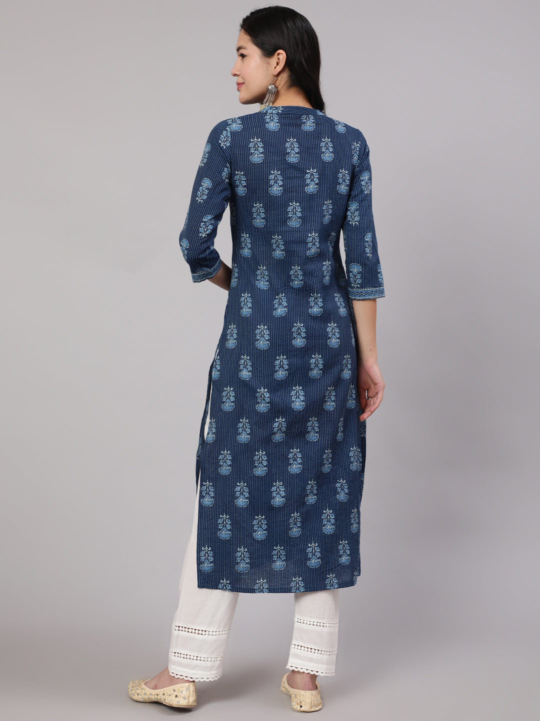 Women's Blue Printed Straight Kurta With White Solid Trouser - Taantav