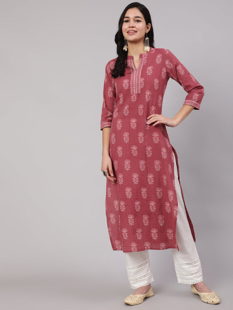 Women's Mauve Printed Straight Kurta With White Solid Trouser