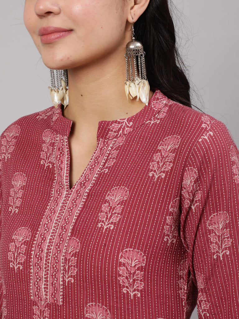 Women's Mauve Printed Straight Kurta With White Solid Trouser