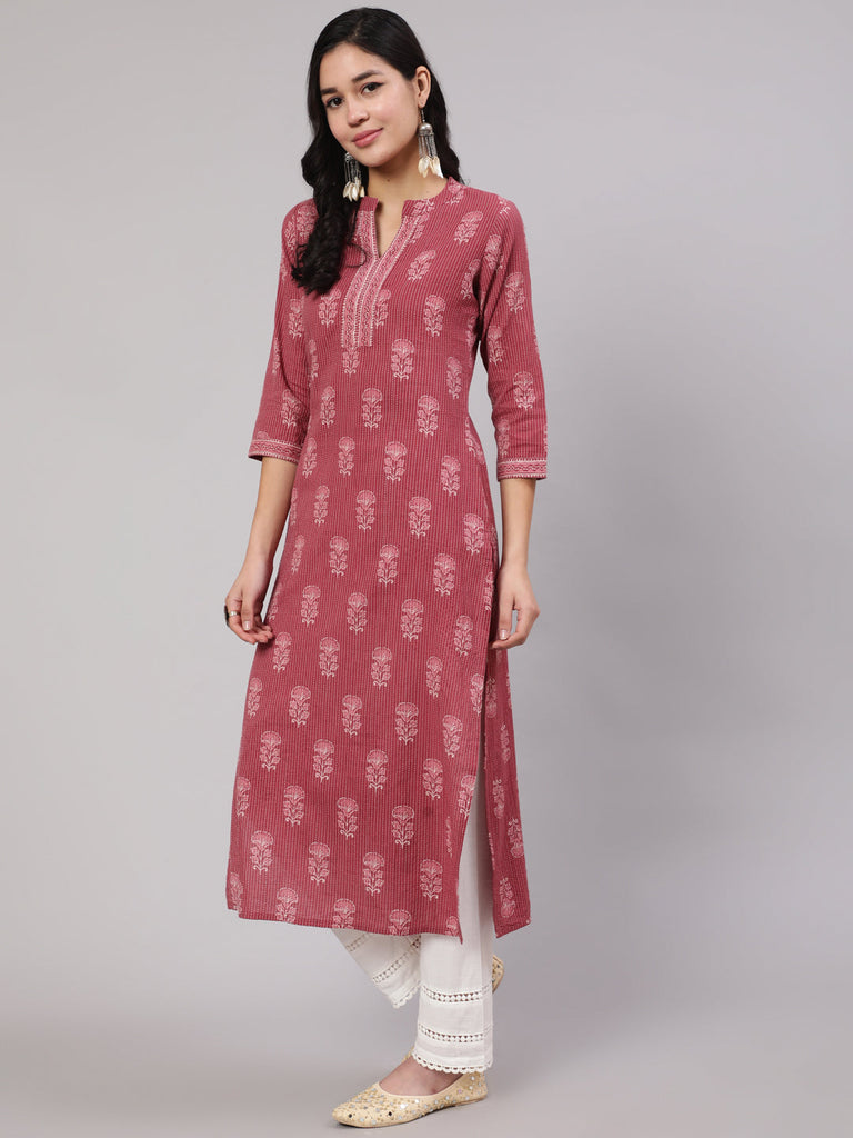 Women's Mauve Printed Straight Kurta With White Solid Trouser