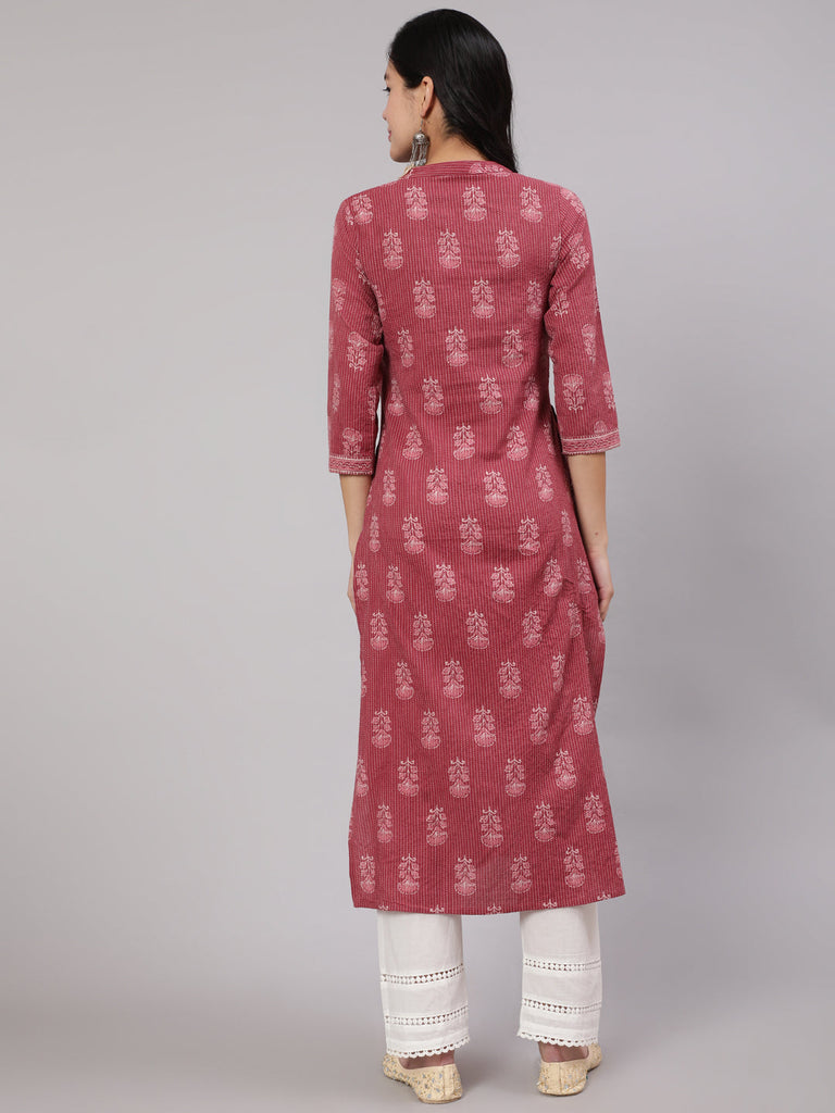 Women's Mauve Printed Straight Kurta With White Solid Trouser