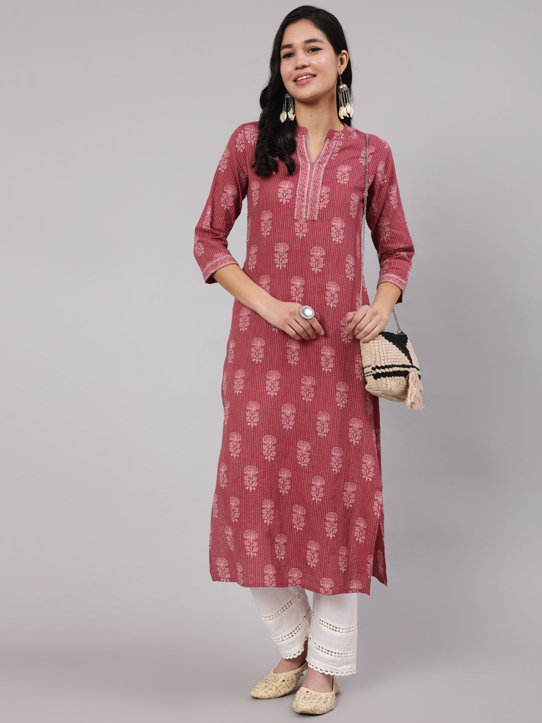 Women's Mauve Printed Straight Kurta With White Solid Trouser - Nayo Clothing