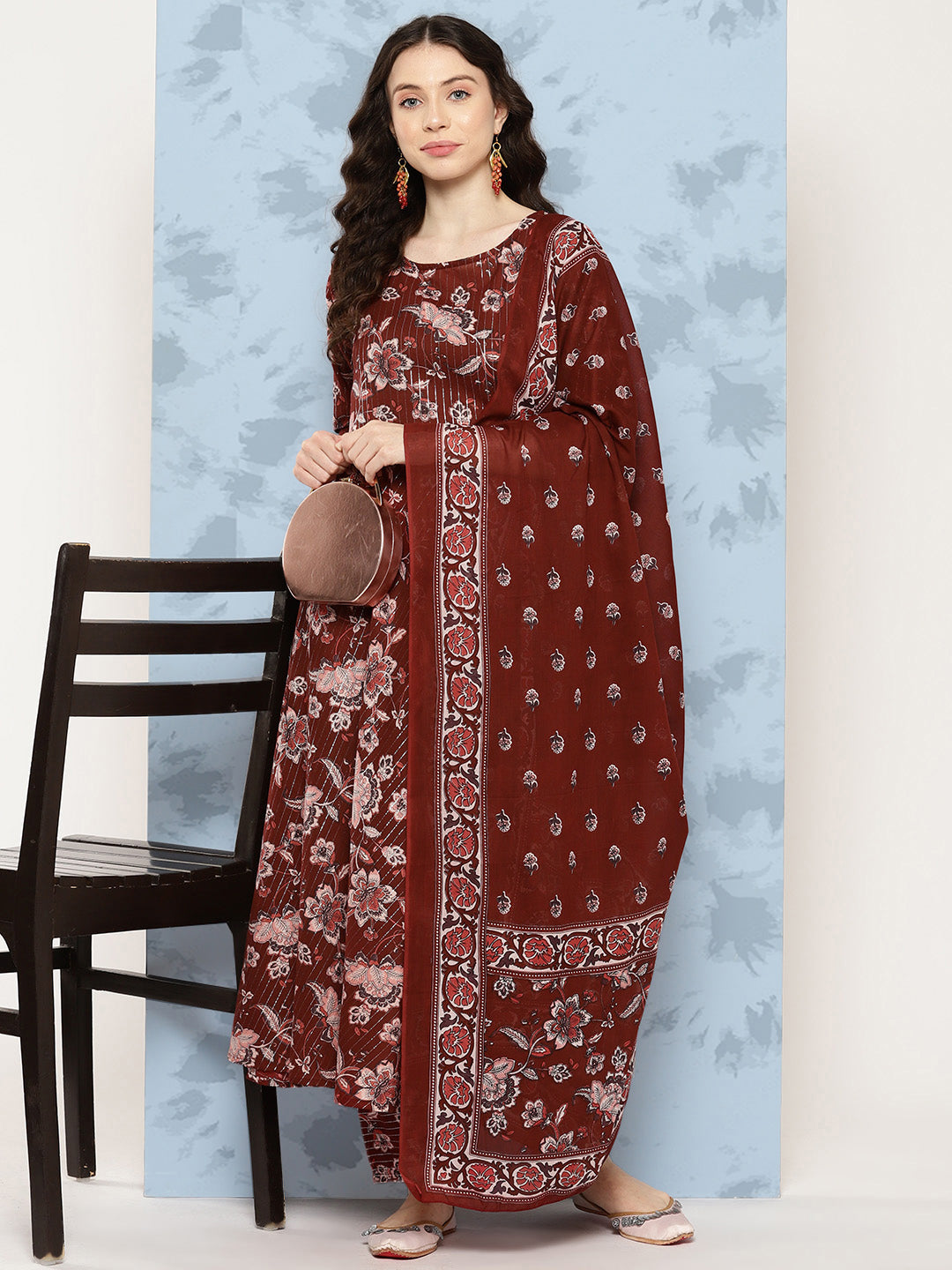 Women's Maroon Floral Printed Flared Kurta With Trouser And Dupatta - Nayo Clothing
